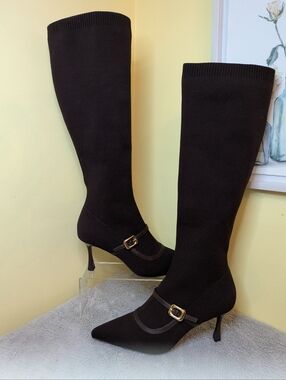 Cosy Island Brown Knee-High Pointed-Toe Heeled Boots with Buckle Strap 10